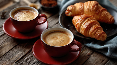 Enjoy the warmth of freshly brewed coffee paired with flaky croissants, beautifully arranged on a rustic wooden table. Perfect for breakfast or brunch.の素材