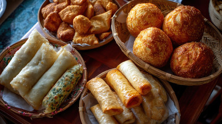 This enticing arrangement showcases a variety of savory pastries and fried snacks, perfect for sharing during gatherings, parties, or casual meals.の素材