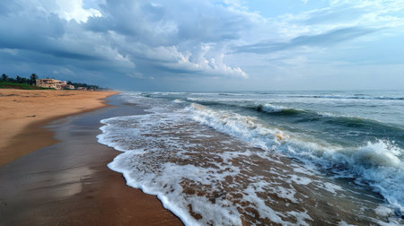 A breathtaking beach scene featuring gentle waves rolling onto the shore, with dramatic clouds overhead creating a serene and tranquil atmosphere.の素材