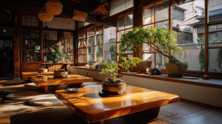 A serene Japanese tea house interior, featuring wooden tables bathed in natural light, adorned with bonsai trees, creating a peaceful ambiance.の素材