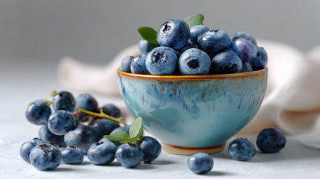 A beautiful arrangement of fresh blueberries in a decorative bowl, featuring vibrant colors and green leaves, set against a soft gray background. Perfect for culinary inspirations.の素材