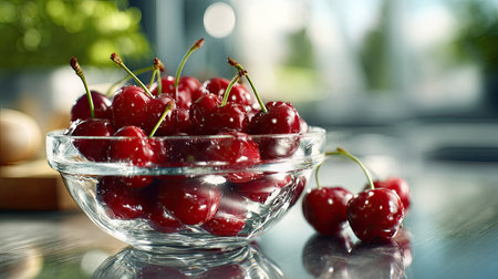 A beautiful arrangement of fresh red cherries in a clear glass bowl, showcasing their vibrant color and natural shine. This image captures the essence of healthy eating and seasonal fruit enjoyment, set against a soft-focus background. Perfect for food lovers and culinary enthusiasts.の素材