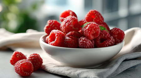 A bowl filled with fresh, ripe raspberries is beautifully arranged on a soft linen cloth. The natural light enhances the vibrant colors and showcases their delicious appeal, making it perfect for culinary presentations or healthy snack ideas.の素材