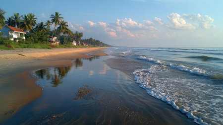 A serene beach scene featuring gentle waves lapping at the shore, surrounded by lush palm trees under a vibrant sunset sky. Perfect for relaxation.の素材