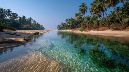 Experience a tranquil tropical paradise showcasing crystal clear water, vibrant palm trees, and a serene landscape ideal for relaxation and exploration.の素材