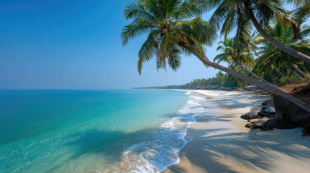 Discover a tranquil tropical beach featuring swaying palm trees and soft golden sand, complemented by clear turquoise water and a bright blue sky.の素材