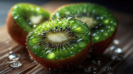 A striking close-up of fresh kiwi fruit slices adorned with water droplets, beautifully arranged on a wooden surface, highlighting their vibrant color.の素材