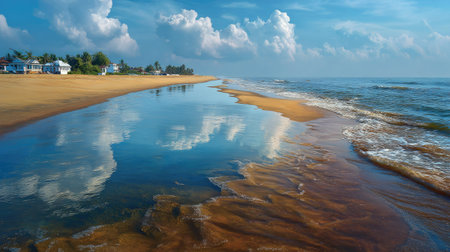 This stunning beach scene captures the calm waters reflecting fluffy clouds against a bright blue sky, creating a serene atmosphere perfect for relaxation.の素材