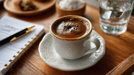 A close-up view of a freshly brewed coffee served in an elegant cup, placed on a wooden tray alongside a notebook and a glass of water, suggesting a inviting morning routine.の素材