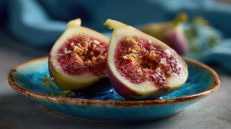 This image features beautifully sliced fig halves placed on a vibrant ceramic plate. Natural light highlights the fig's texture and color, enhancing its visual appeal.の素材