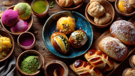 Discover a vibrant assortment of Indian desserts beautifully arranged on a rustic wooden table, showcasing unique flavors and textures. Perfect for festive occasions.の素材