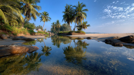 A picturesque coastal scene showcasing palm trees reflected in the still waters, creating a tranquil atmosphere. This tropical paradise invites relaxation and escape.の素材