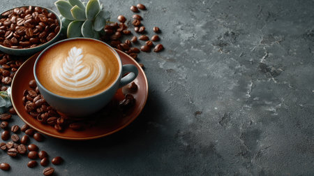 A beautifully crafted coffee cup with latte art sits on a rustic surface, surrounded by rich coffee beans and a touch of greenery, perfect for cozy moments.の素材