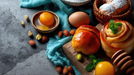 A beautiful arrangement of freshly baked pastries alongside farm-fresh eggs and mint leaves. This visually appealing setup highlights the ingredients for a perfect bake.の素材