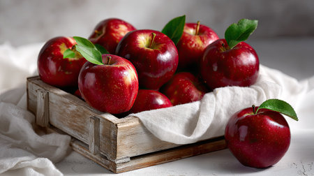 A vibrant collection of fresh red apples arranged in a rustic wooden crate, complemented by green leaves on white fabric, showcasing natural beauty and healthy choices.の素材