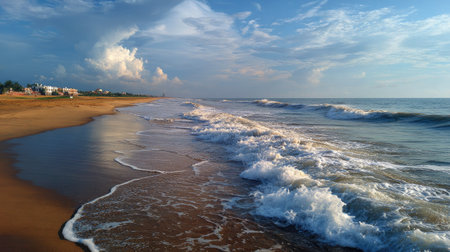 A tranquil beach scene featuring gentle waves lapping at a golden shoreline under a bright blue sky filled with fluffy clouds. Ideal for relaxation.の素材