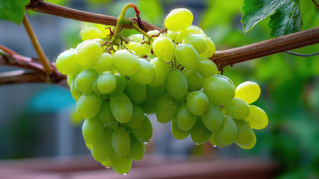 A close-up view of fresh green grapes hanging on a vine, glistening with dew drops, showcasing the vibrant colors and textures of healthy fruit.の素材