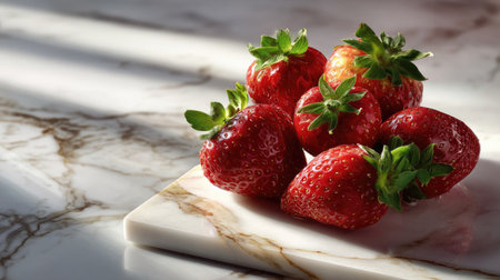 A captivating arrangement of fresh strawberries resting on a sleek marble surface. The soft lighting and natural shadows create an inviting atmosphere perfect for food photography.の素材