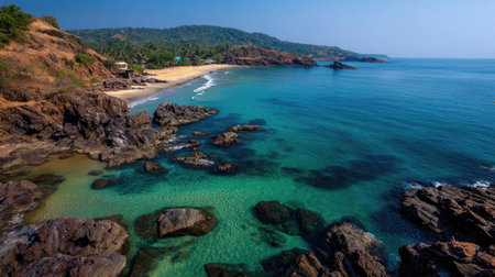 Discover a breathtaking coastal scene in Goa, India, featuring tranquil waters, rocky formations, and a mesmerizing shoreline perfect for relaxation and exploration.の素材