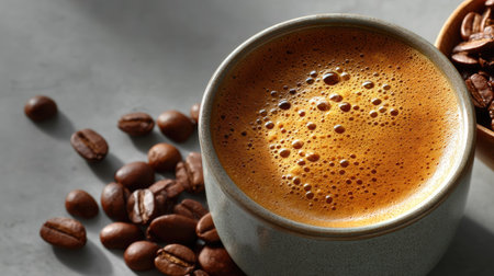 This image features a close-up of a cup of freshly brewed coffee, showcasing its rich, frothy texture and surrounding coffee beans, set on a gray background.の素材