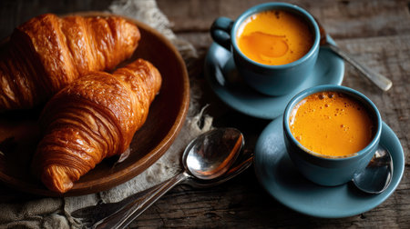 Indulge in a cozy breakfast scene featuring freshly baked croissants paired with warm cups of tea. This inviting setting showcases rich colors and textures.の素材