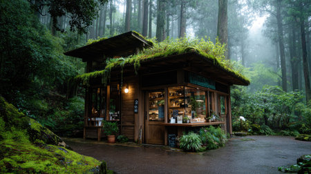 A charming wooden shop nestled in a misty forest, surrounded by vibrant greenery, creating a serene atmosphere for visitors and nature lovers alike.の素材