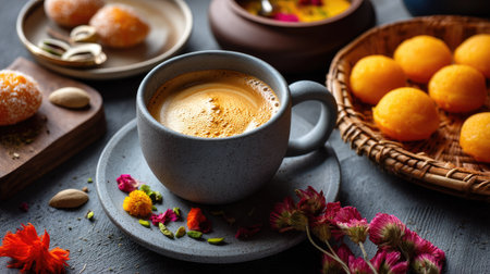 A cozy cup of coffee sits on a rustic table surrounded by colorful Indian sweets and aromatic spices, showcasing cultural richness and warmth.の素材
