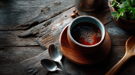 A captivating still life showcasing a warm cup of brewed coffee resting on a rustic wooden table, accented with fresh mint leaves. The scene evokes comfort and serenity, perfect for coffee lovers seeking a moment of relaxation.の素材