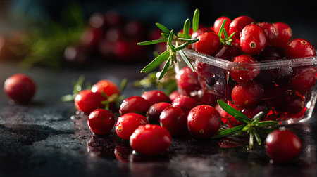 A stunning arrangement of fresh cranberries nestled among sprigs of rosemary on a dark reflective surface. Water droplets add a fresh look, perfect for culinary use.の素材