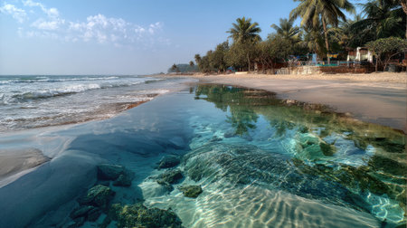 A serene beach scene featuring clear turquoise water revealing smooth stones beneath the surface, framed by lush palm trees and a bright sky.の素材