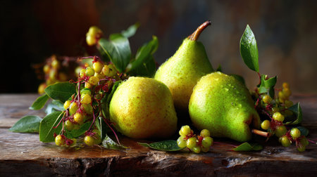 This stunning arrangement features fresh green pears alongside vibrant leaves and berries, showcasing nature's beauty and freshness on a rustic wooden table.の素材