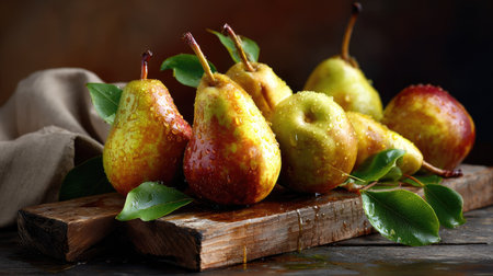 A stunning arrangement of fresh pears drenched in water droplets, showcasing vibrant colors and rich textures on a rustic wooden board, perfect for food photography.の素材