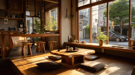A peaceful interior of a Japanese tea house showcasing minimalist design, natural light pouring in, and inviting wooden furniture creating a serene atmosphere.の素材