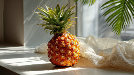 A vibrant pineapple sits on a sunlit windowsill, showcasing its bright colors and textures. Surrounded by natural light and soft fabrics, this scene captures the essence of summer freshness and tropical appeal. Perfect for culinary or lifestyle themes.の素材