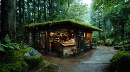 A charming wooden shop nestled in a lush forest, showcasing nature's beauty with moss-covered roofs and inviting ambiance, perfect for relaxation and exploration.の素材