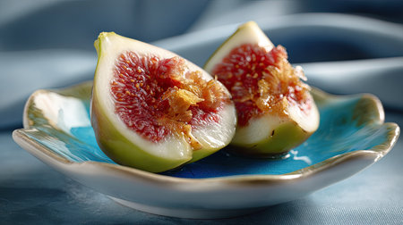 A beautifully presented dish featuring fresh and juicy figs artfully sliced and arranged on a decorative blue plate, exuding freshness and vitality.の素材
