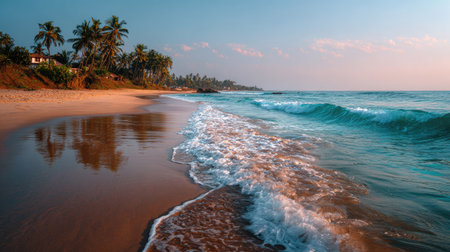 A captivating view of a serene beach featuring gentle waves lapping at the shore, framed by lush palm trees and a colorful sunset sky.の素材