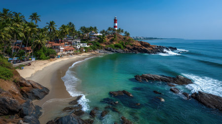 Immerse yourself in this breathtaking coastal scene featuring a vibrant lighthouse, tranquil waves, and swaying palm trees, perfect for nature lovers.の素材