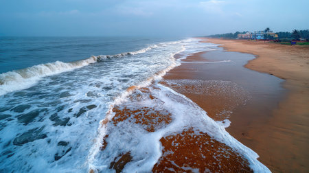 A peaceful beach scene featuring gentle waves lapping against a sandy shore under a cloudy sky. This tranquil landscape evokes relaxation and natural beauty.の素材
