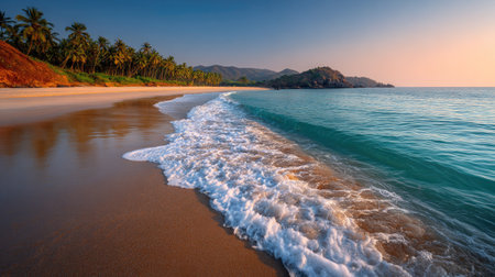 A serene beach scene showcasing gentle waves lapping against golden sand at sunset, framed by lush palm trees and distant hills. The tranquil waters reflect the vibrant sky, creating an idyllic atmosphere perfect for relaxation and escape.の素材