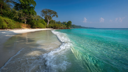 A stunning view of a serene beach showcasing crystal clear turquoise water, soft sand, and lush greenery under a bright blue sky, ideal for travel or vacation themes.の素材