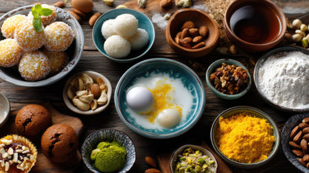 A vibrant assortment of traditional Indian sweets and essential ingredients arranged on a rustic wooden table, highlighting the rich culinary heritage.の素材