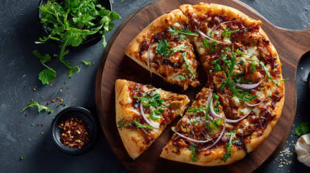 This image showcases a delicious pizza topped with cheese, meat, onions, and fresh herbs. Perfect for food lovers and culinary enthusiasts, the vibrant colors invite enjoyment.の素材