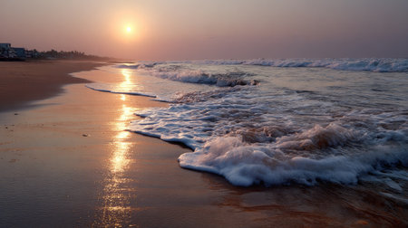 A breathtaking view of the ocean at sunrise, showcasing soft waves lapping against the sandy shore. The scene captures tranquility and natural beauty, perfect for evoking a sense of peace and relaxation.の素材