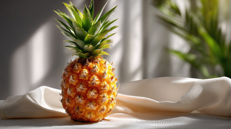 A vibrant and fresh pineapple sits gracefully on white draped fabric, accentuated by soft natural light and a blurred green background, perfect for food photography.の素材
