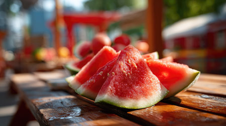 Juicy watermelon slices arranged on a rustic wooden table set against a vibrant summer backdrop create an inviting and refreshing atmosphere.の素材