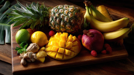 A vibrant arrangement of fresh tropical fruits including pineapple, mango, lemon, and lime on a wooden cutting board, perfect for food lovers and healthy diets.の素材