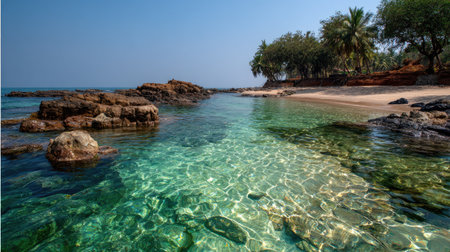 Captivating seaside view featuring crystal clear water, rocky formations, and lush greenery under a vibrant blue sky, perfect for nature lovers.の素材