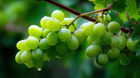 This stunning image showcases a close-up of fresh green grapes with glistening water droplets, highlighting their vibrant color and natural beauty on a vine.の素材