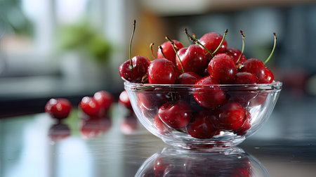 A stunning arrangement of fresh red cherries in a clear glass bowl, showcasing their vibrant hue and glossy finish against a reflective surface.の素材
